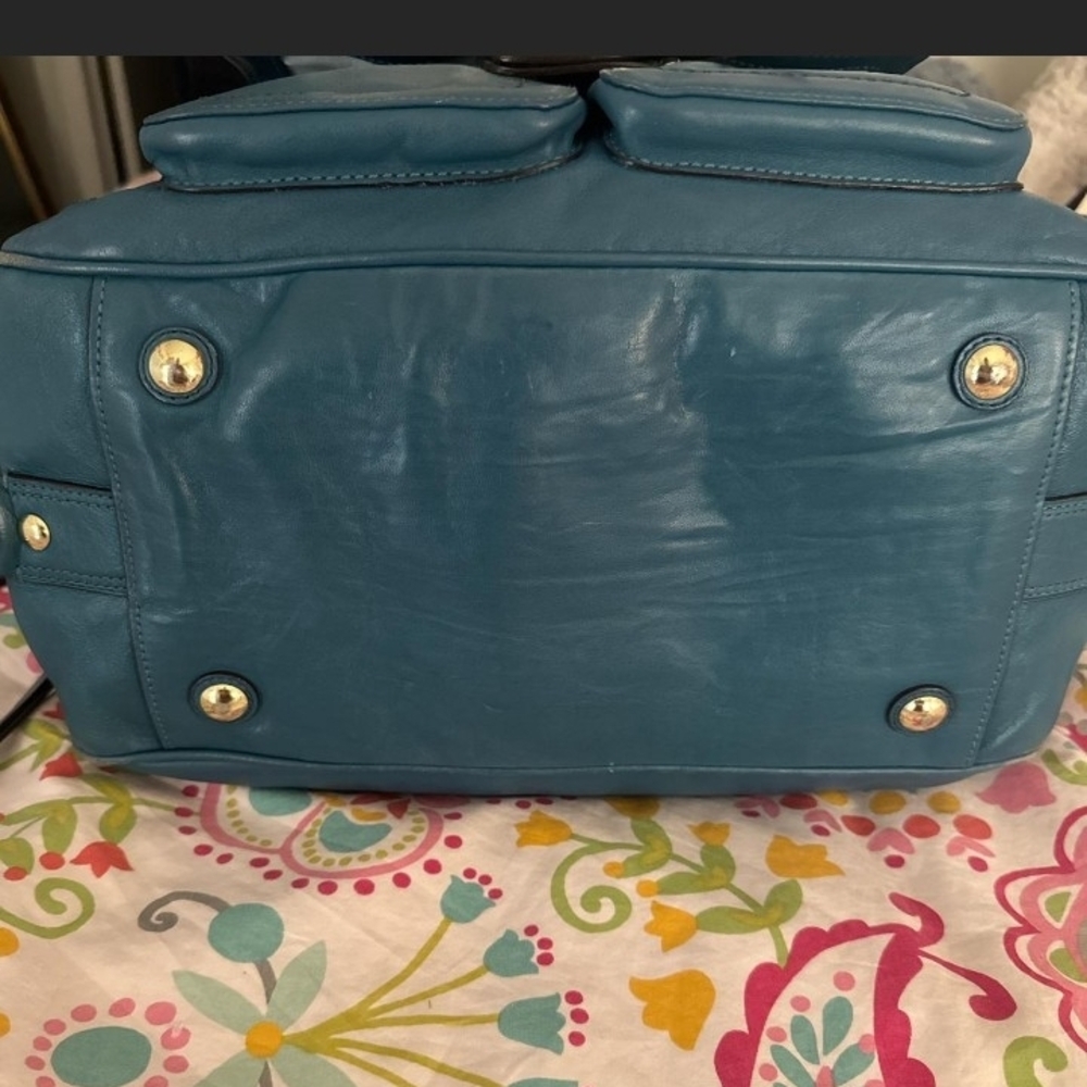 Coach Teal Leather Hampton Lindsay Satchel Handbag with Gold Hardware - Picture 7 of 8